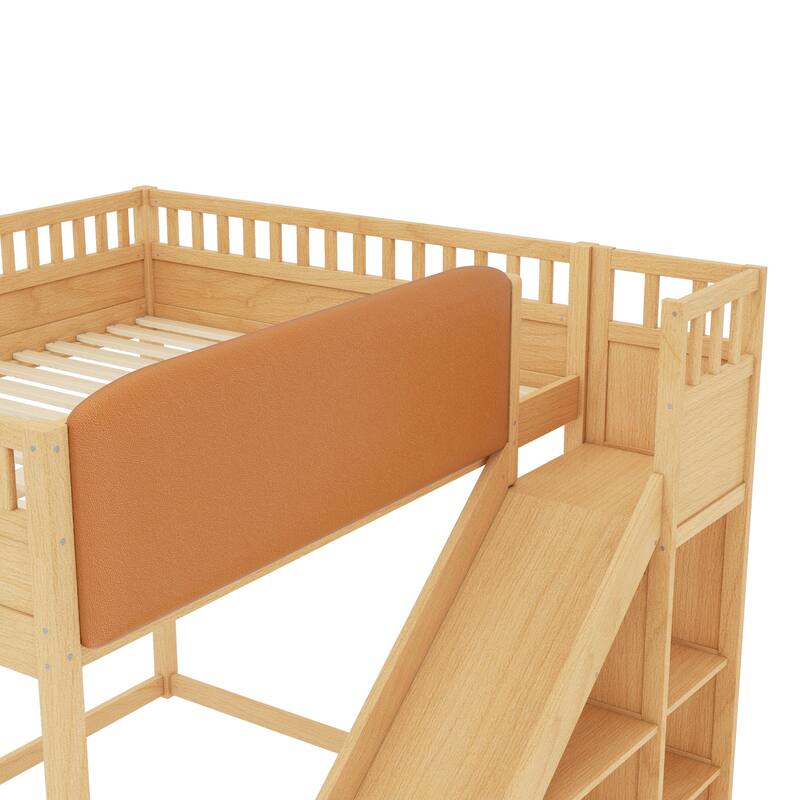 Minimalist Wood Loft Bed Frame with Upholstered Headboard, Storage Open Shelves, Safety Guardrails, Ladder and Slide for Kids