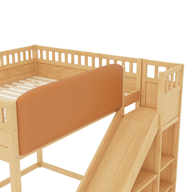 Queen/Full Loft Bed with Upholstered Headboard, Storage & Slide