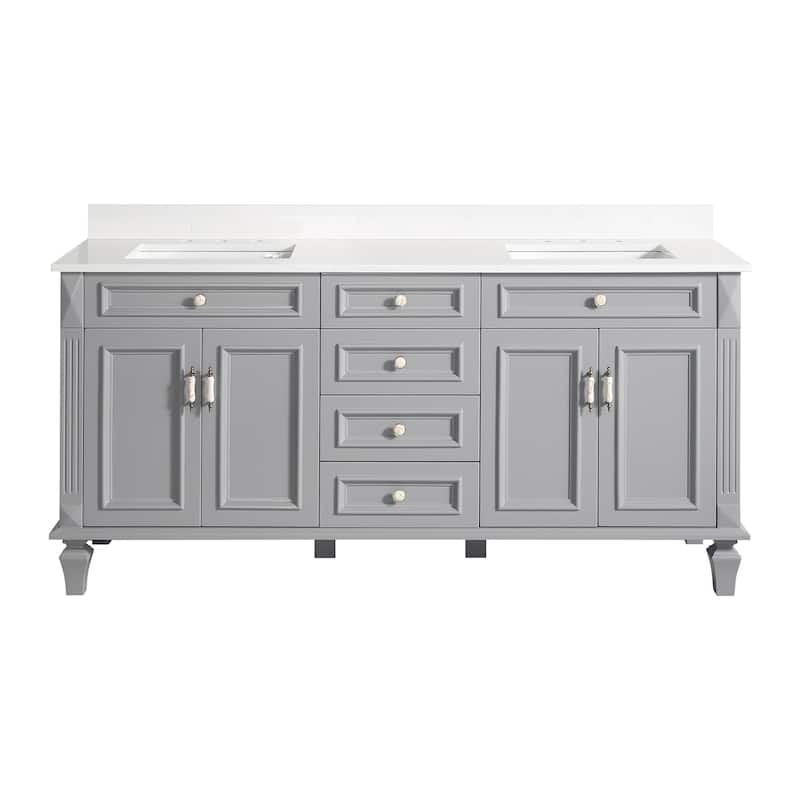 35'' H Solid Wood Bath Vanity with Stain-resistant Carrera White Quartz Top and Double Sink