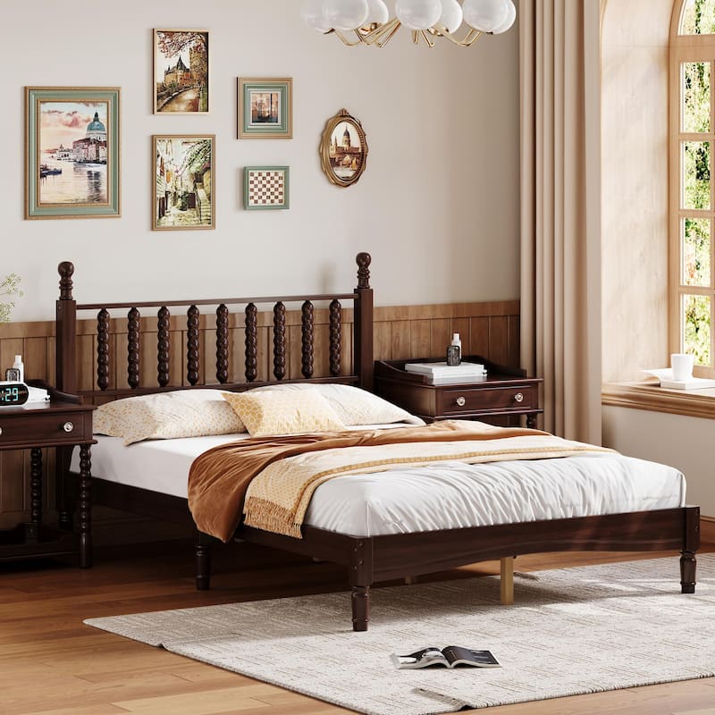 Wood Platform Bed Frame with Gourd Shaped Headboard, Retro Style Low Profile Bed with Wooden Slat Support, No Box Spring Needed - Walnut - Full