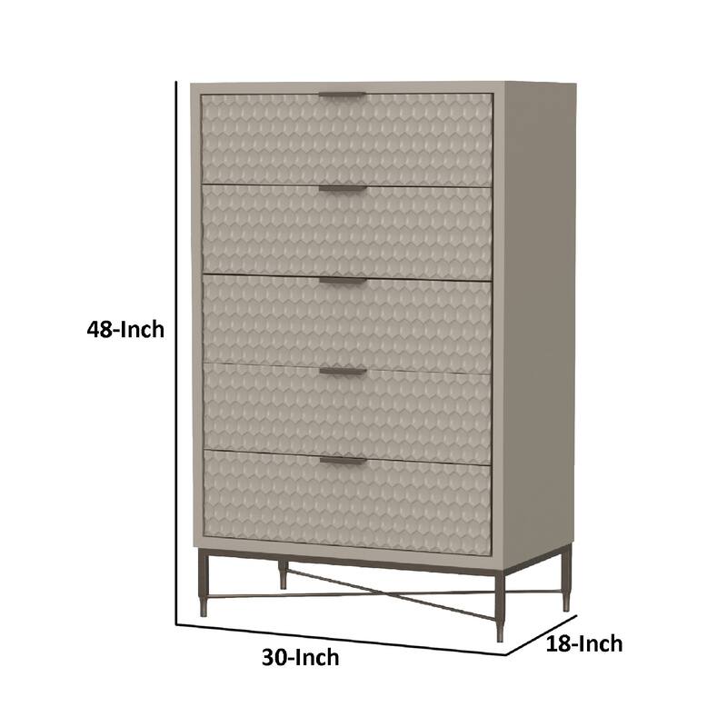 Rexi 48 Inch 5 Drawer Tall Dresser Chest, Honeycomb Texture, Taupe Gray