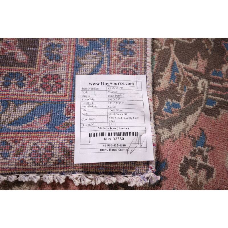 Traditional Pink Mashad Persian Vintage Area Rug Handmade Wool Carpet - 9'7"x 13'1"