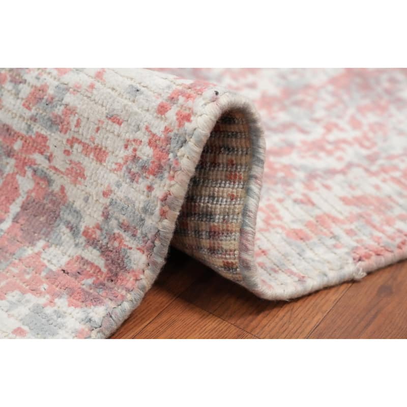 Hand Knotted Oriental Viscose Silk Carpet Modern All-Over Pink Abstract Area Rug - 4' 0'' X 2' 0''