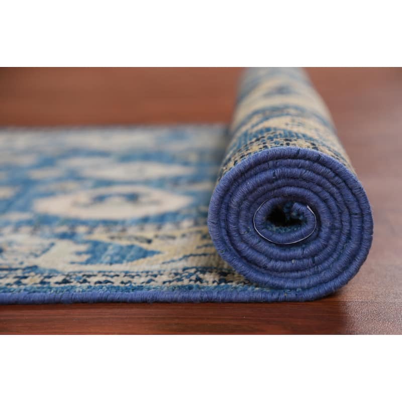 Hand Knotted Oriental 100% Wool Carpet Transitional All-Over Navy Blue & Blues Oushak Runner Rug - 16' 7'' X 2' 7''