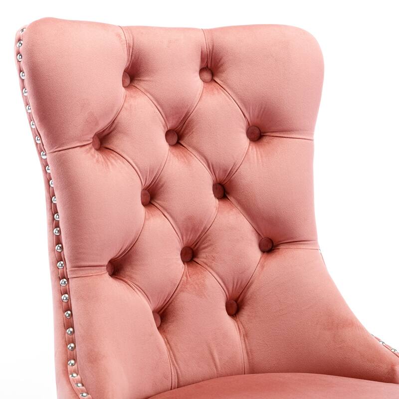 Set of 2 Velvet Upholstered Dining Chairs with Nailhead Trim and Wooden Legs
