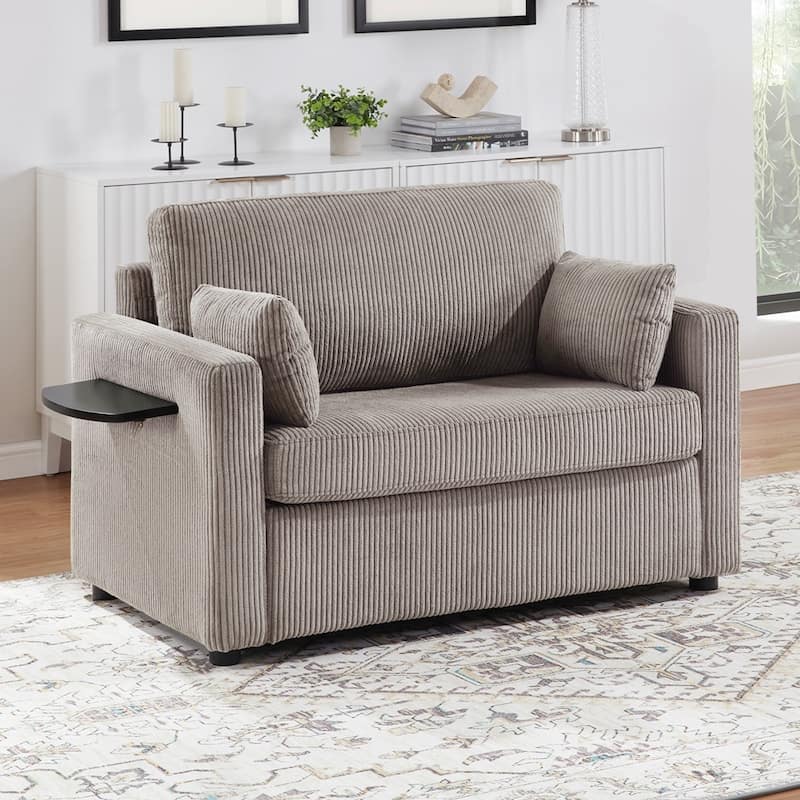 Sleeper Sofa Loveseat Sofa with a Foldable Mattress and Storage Pocket and Two USB Ports - 2 Seat - Grey/Brown