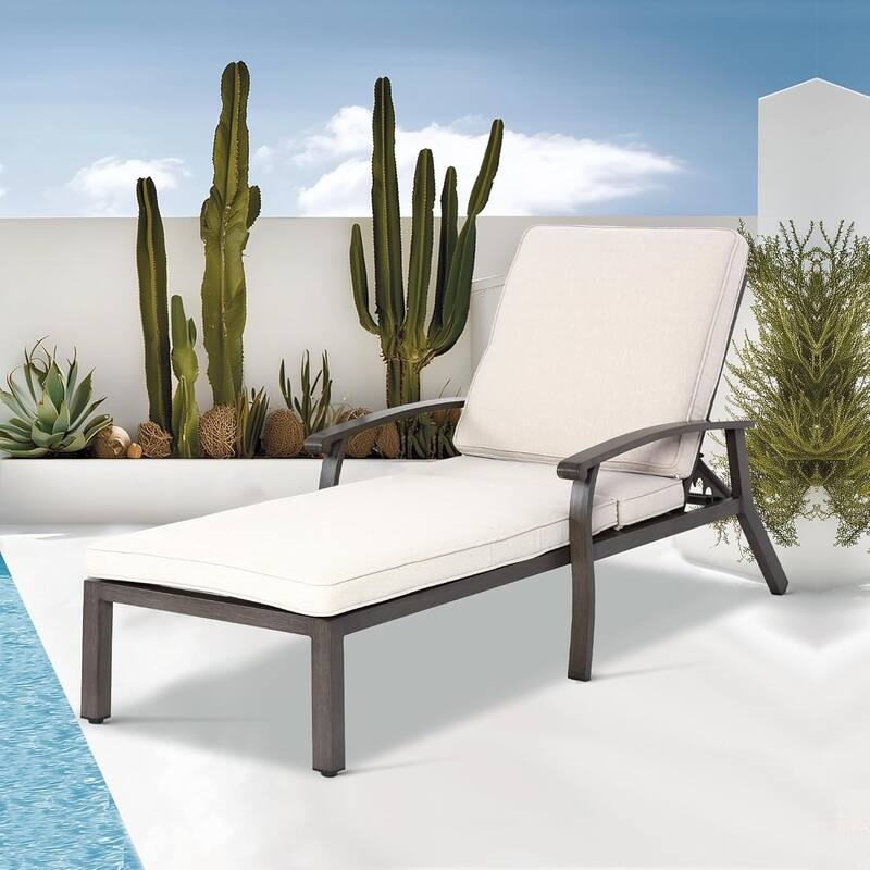 Outdoor Aluminum Reclining 5-Position Adjustable Backrest Chaise Lounge with Cushion - Beige
