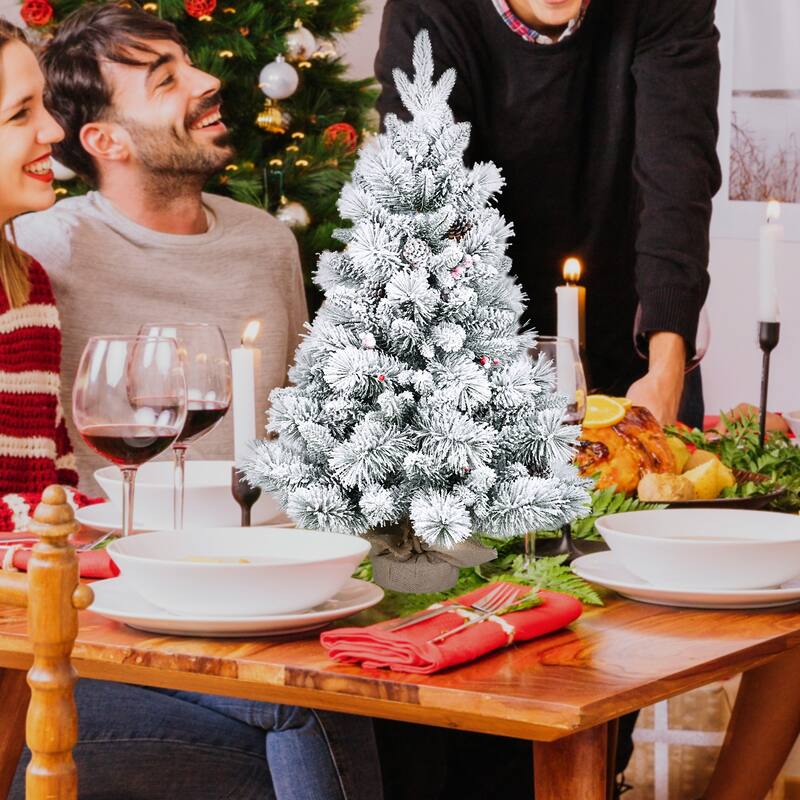 3FT Flocked Christmas Tree with Pine Needle Branches, Pine Cones & Red Berrie for Tabletop, Entryway, or Office Decor