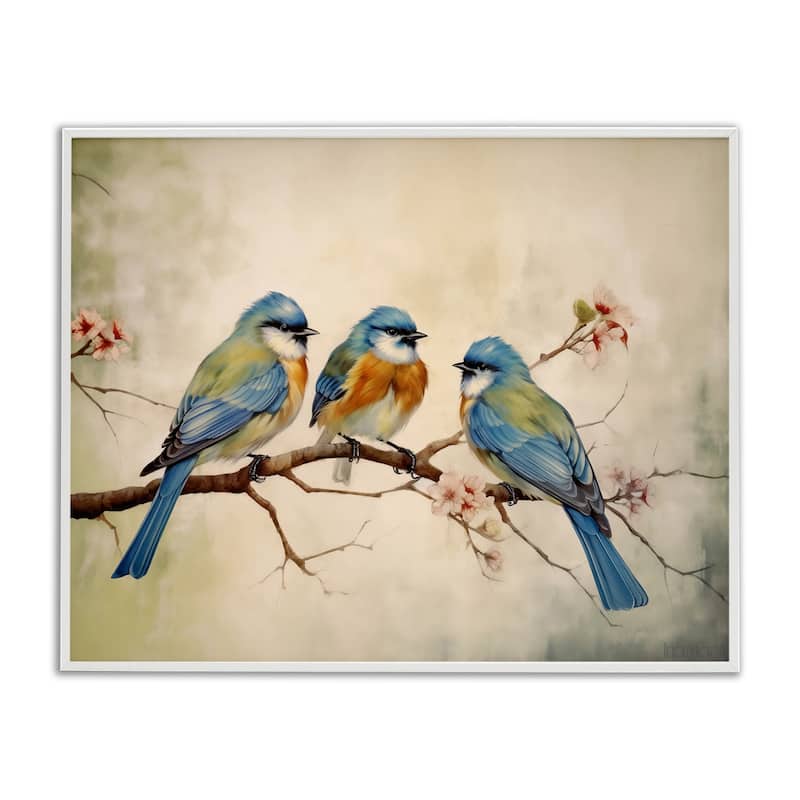 Stupell Bird Trio on Branch Framed Giclee Art Design By Arlington Prints - 14 x 11 - White