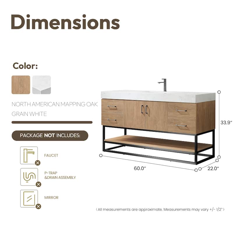 Alistair 60" Single Vanity with White Grain Stone Top without Mirror - 60" x 22"