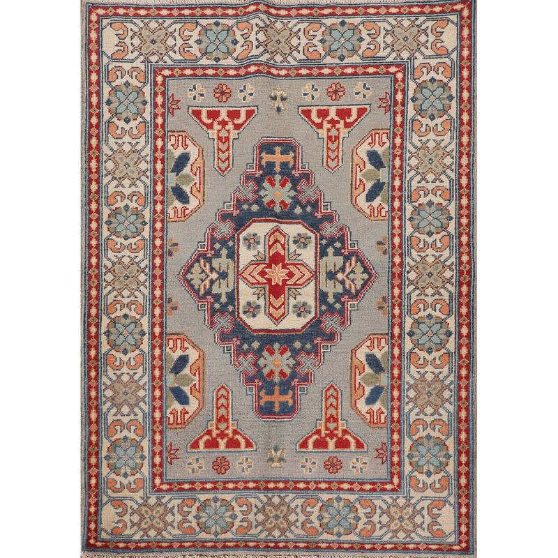Kazak Oriental Accent Rug Handmade Gray Geometric Wool Carpet - 3'7"x 4'10"
