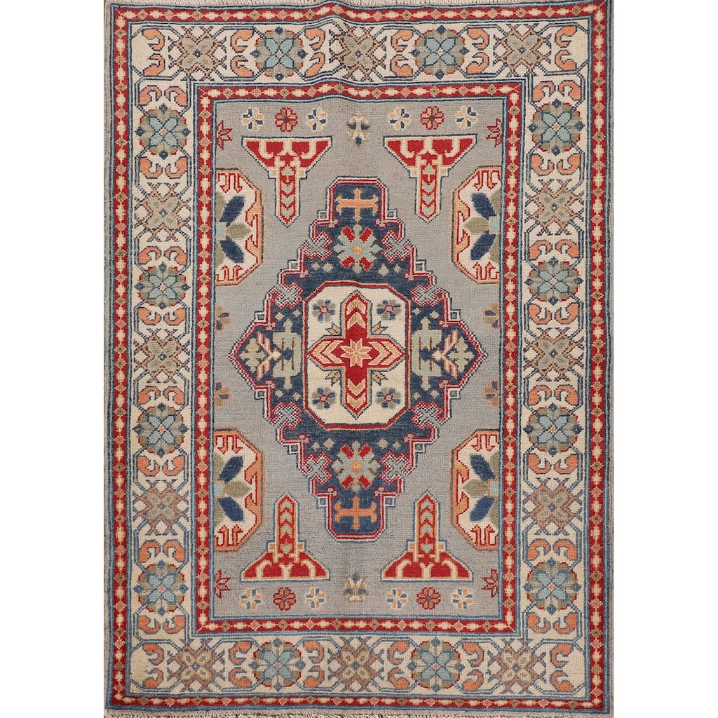 Kazak Oriental Accent Rug Handmade Gray Geometric Wool Carpet - 3'7"x 4'10"