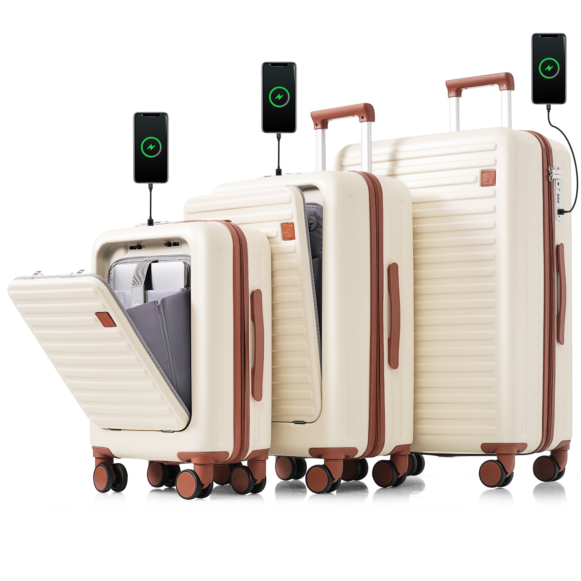 Luggage Set of 3, 20,24,28"with USB Port,20 24"With Front Opening Design, Cup Holder, ABS Hard Shell Luggage with Spinner Wheels