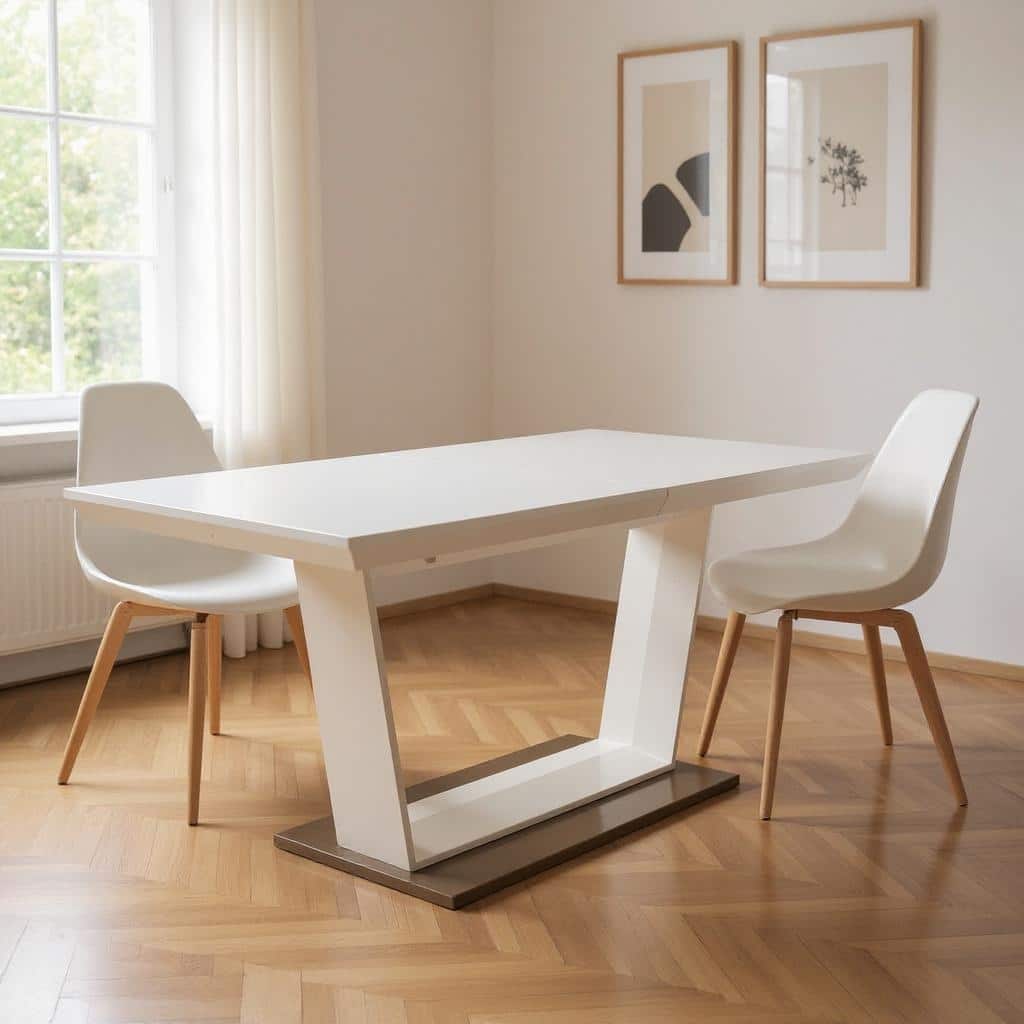 HomeRoots 71" White Wood and Metal Self-Storing Leaf Pedestal Base Extendable Dining Table - 71.00 in. x 30.00 in. x 42.00 in.