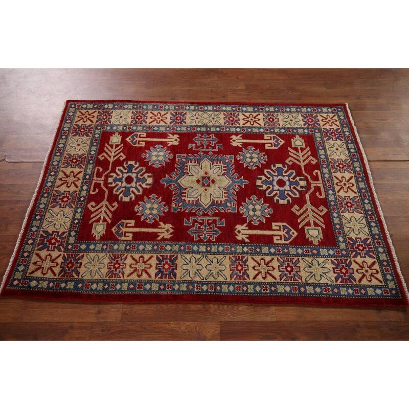 Red Geometric Kazak Foyer Rug Handmade Traditional Wool Carpet - 3'5" x 4'11"