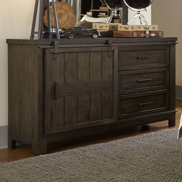 slide 2 of 4, Thornwood Hills Rock Beaten Grey Finish Barn Door Dresser Brown
