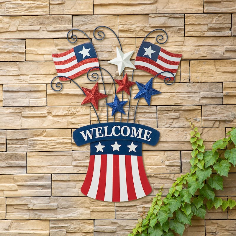 Glitzhome Metal Americana Stars Stripes Yard Stake Wall Sign with Welcome Flag