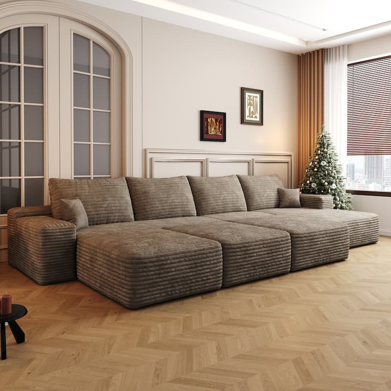 Oversized Modular Sleeper Sofa Bed Floor Standing Sectional Couch Corduroy Upholstered Compression Sofa with Chaise and Ottomans