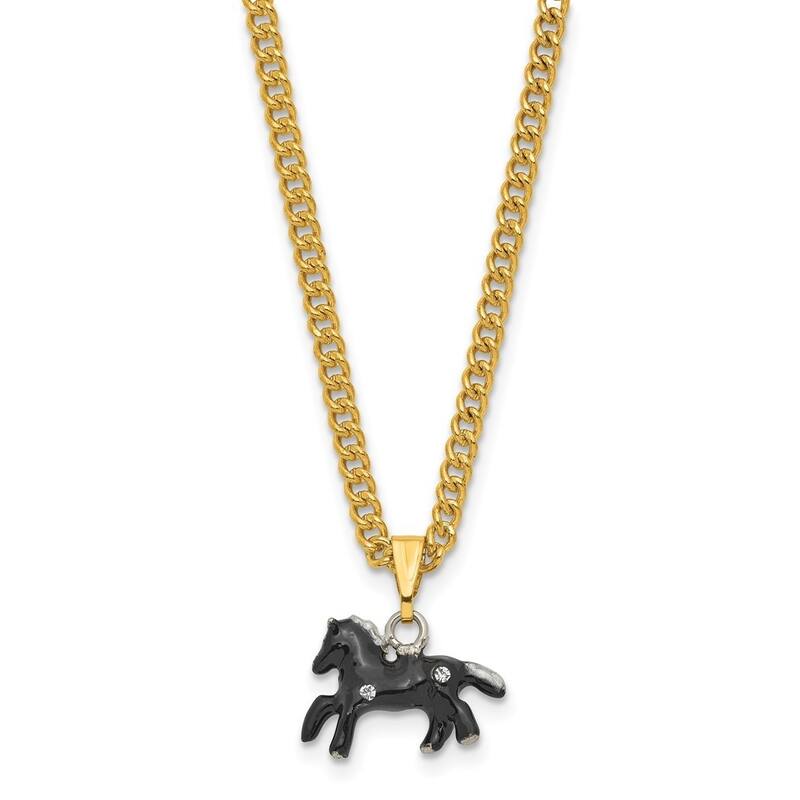 Curata Pewter Crystals Gold-Tone Enameled Pepper Black Horse White Mane Trinket Box on 18 Inch Necklace