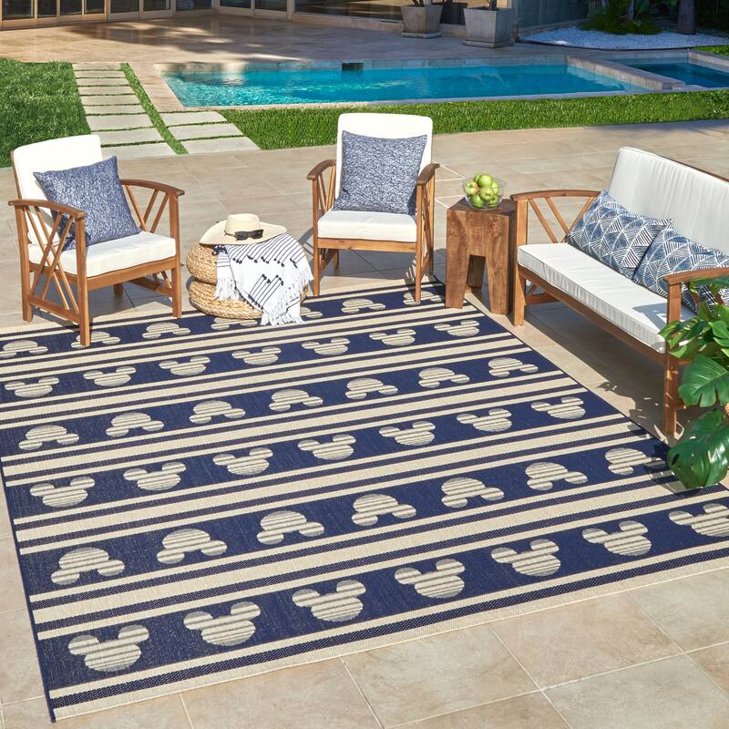 Disney Mickey Mouse Studio Modern Classic UV Protected Polypropylene Flatweave Indoor/ Outdoor Area Rug Collection - 7'10"x10' - Mouseline Navy - Rectangle