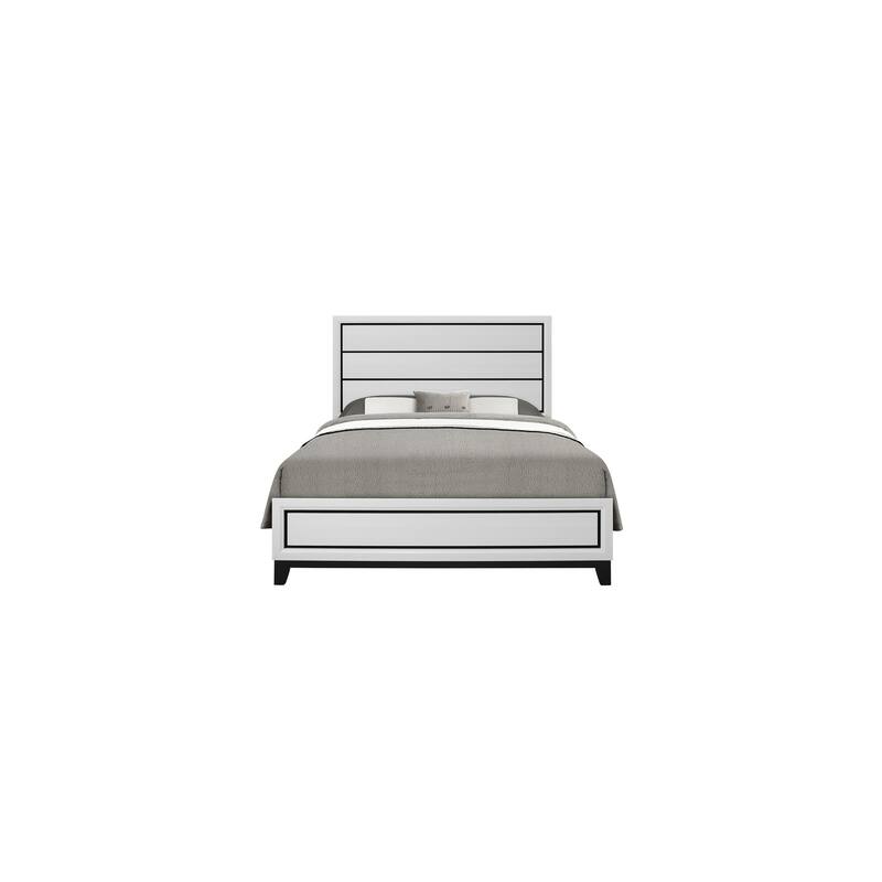 King Size Bed White Veneer Platform Bed with Black Hardware, 4 Slats, Modern Bedroom Furniture