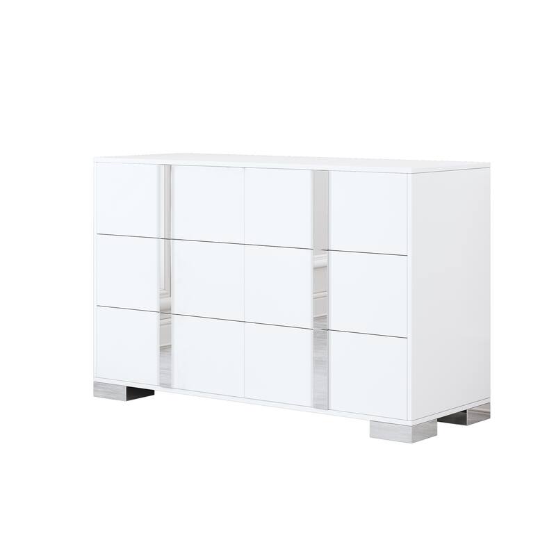 Roomfitters Elegant Modern Storage Cabinet with Metal Foot, Mirrored 6-Compartment Cabinet for Bedroom Living Room, White