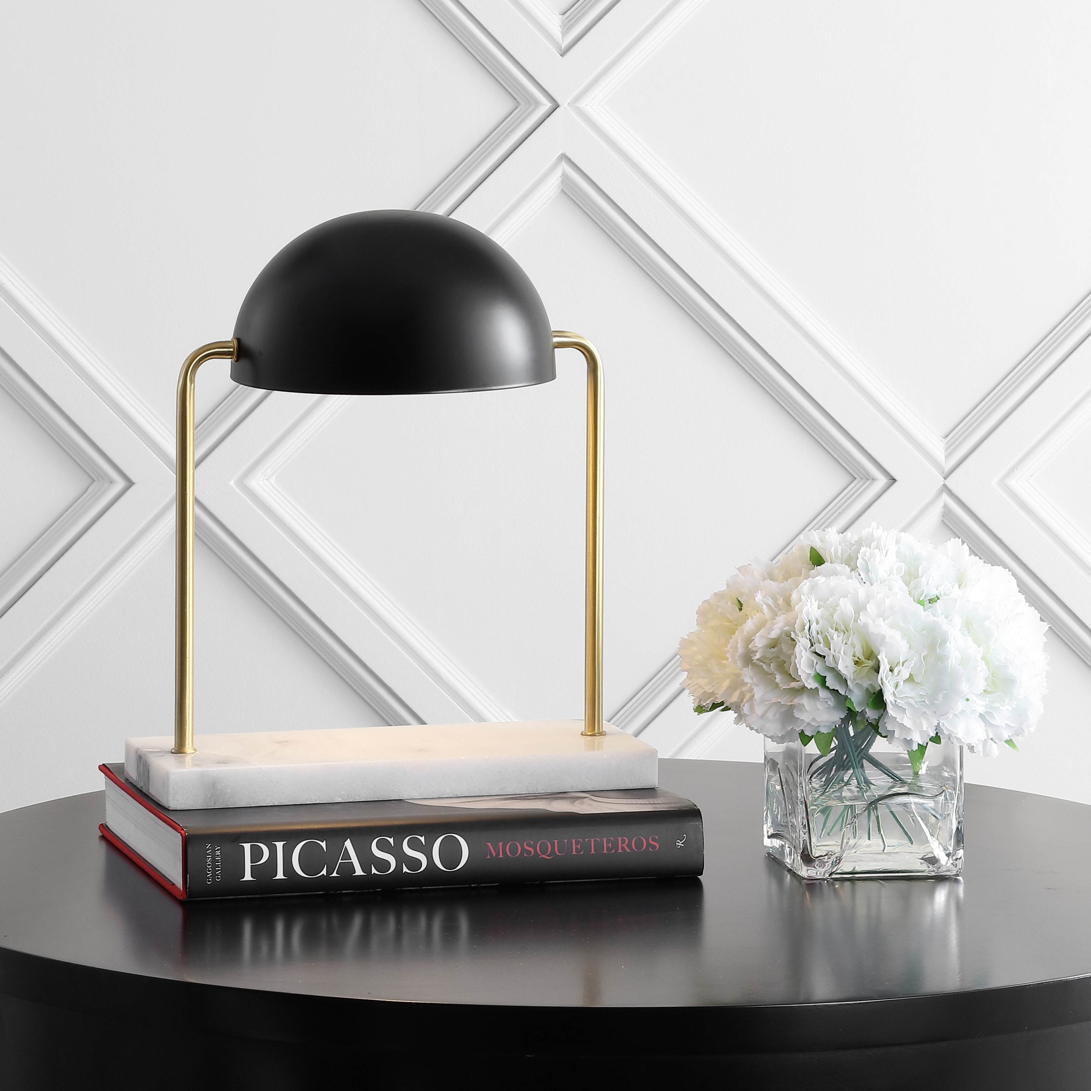 JONATHAN Y Mia 13.5" Art Deco Dome Lamp with Marble Base, Brass Gold/Black