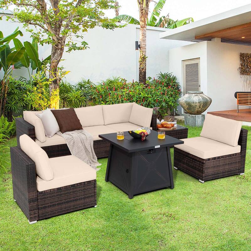 Costway 7PCS Patio Rattan Furniture Set Fire Pit Table Cover Cushion - See Details - Brown