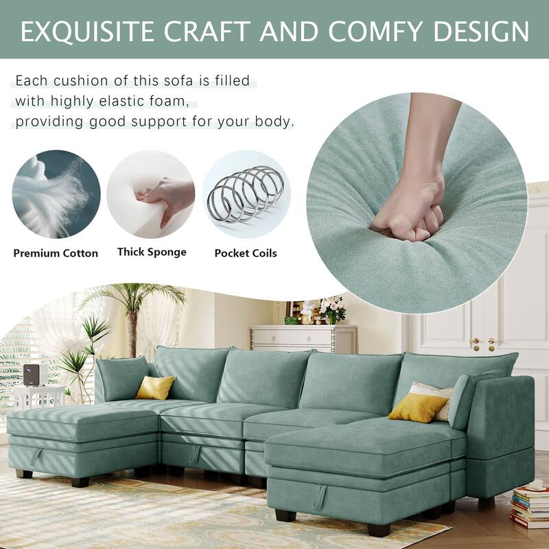 Green 115.1" Large U-Shaped 6-Seat Sofa with Storage & Pull-Out Bed