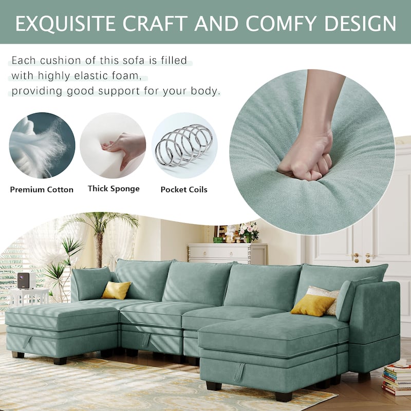 Modern Large U-Shape Convertible Sofa Bed, Reversible Chaise, Light Green Linen, 115x59x31 inches