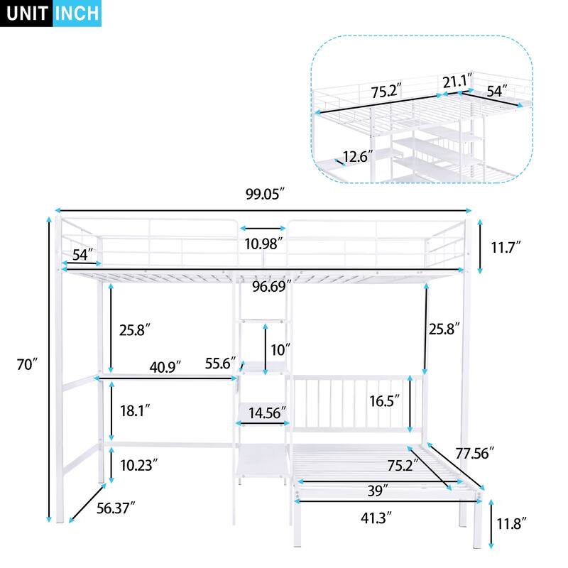 Full Over Twin Bunk Bed with Built-in Desk & Storage Shelves, Durable Metal Frame, No Box Spring Needed