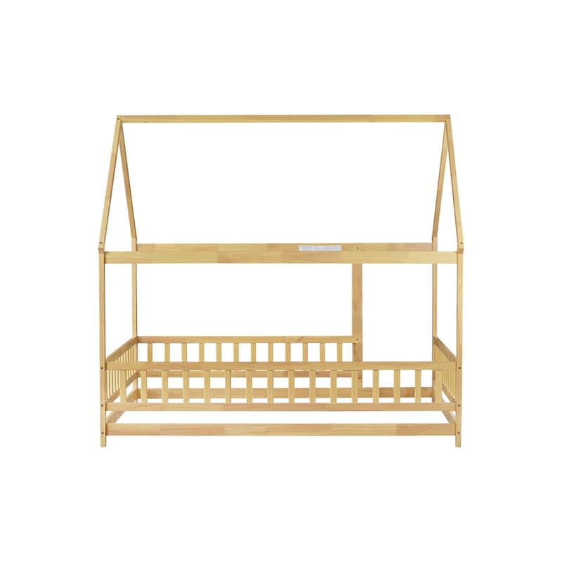 Full Size House Floor Wooden Bed with Roof Frame
