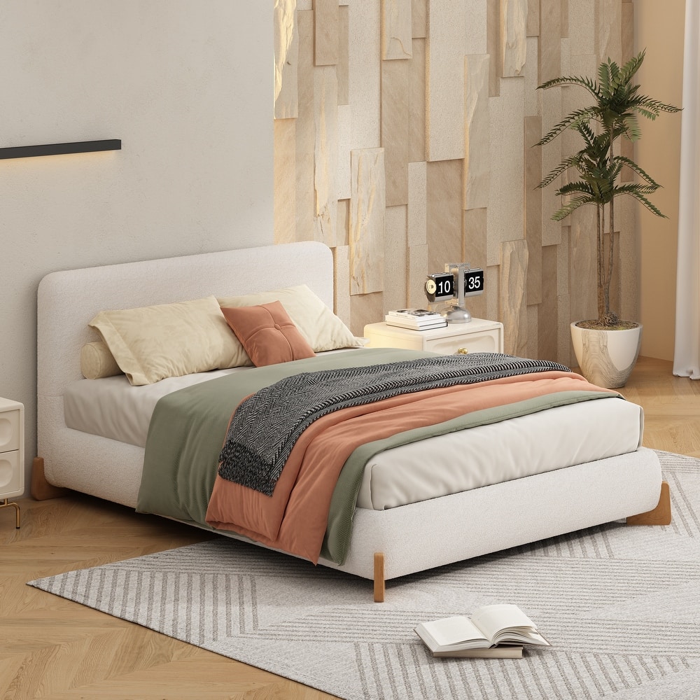 Christopher Knight Home Boucle Upholstered Platform Bed with Solid Wood Legs