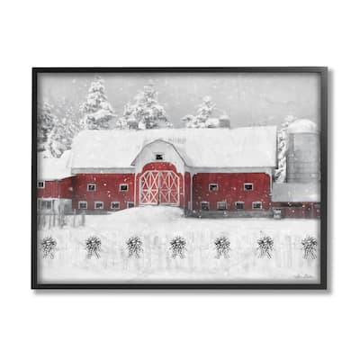 Stupell Red Barn Winter Scene Farm Charm Snowfall Framed Wall Art
