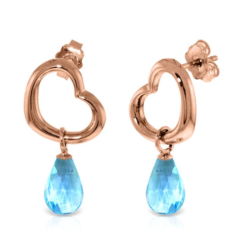 14K Solid Gold Heart Gemstone Earrings w/ Dangling Natural Blue Topaz - Rose