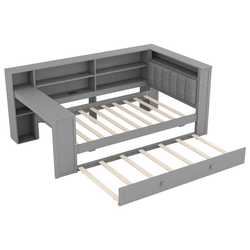 Roomfitters Twin/Full Platform Bed with Trundle, LED Headboard, Charging Station and Storage