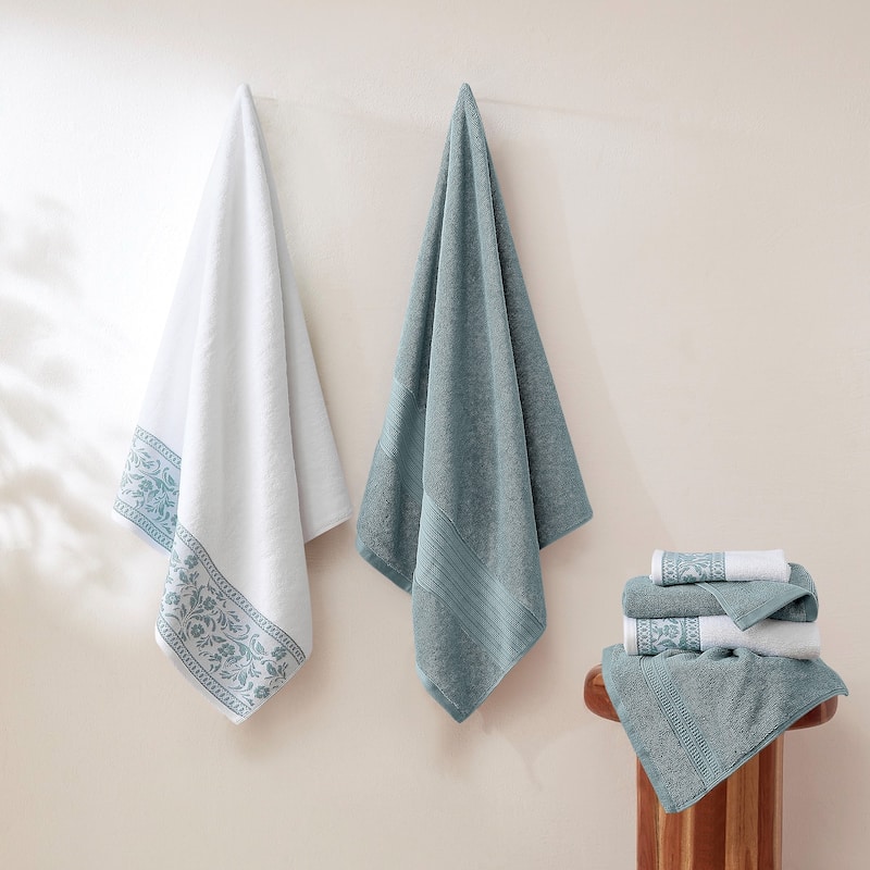 Modern Threads 6-Piece Jacquard Border Towel Set Allie - 100% Cotton, Bath, Hand & Washcloths - Elegant Floral Border