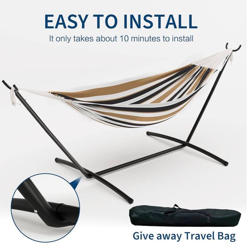 450lb Large Capacity Double Hammock with Steel Stand with Carry Bag for Patio Backyard Poolside