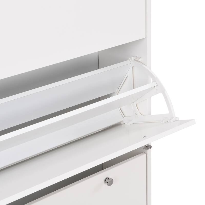 Narrow Shoe Storage Cabinet with 3 Flip Drawers, 3 Hooks 24 Pair Wood Shoe Shelves, Round Leg Shoe Cabinet for Entryway