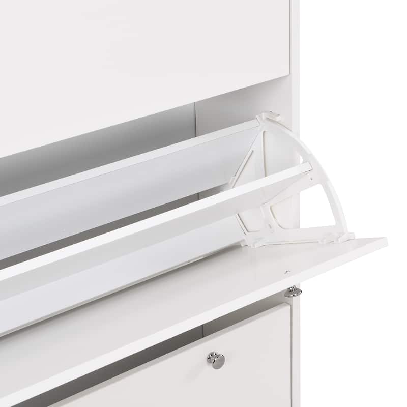 Roomfitters Narrow Tipping Bucket Shoe Cabinet with 3 Flip Compartments, Wood Grain Top Entryway Organizer with Hooks
