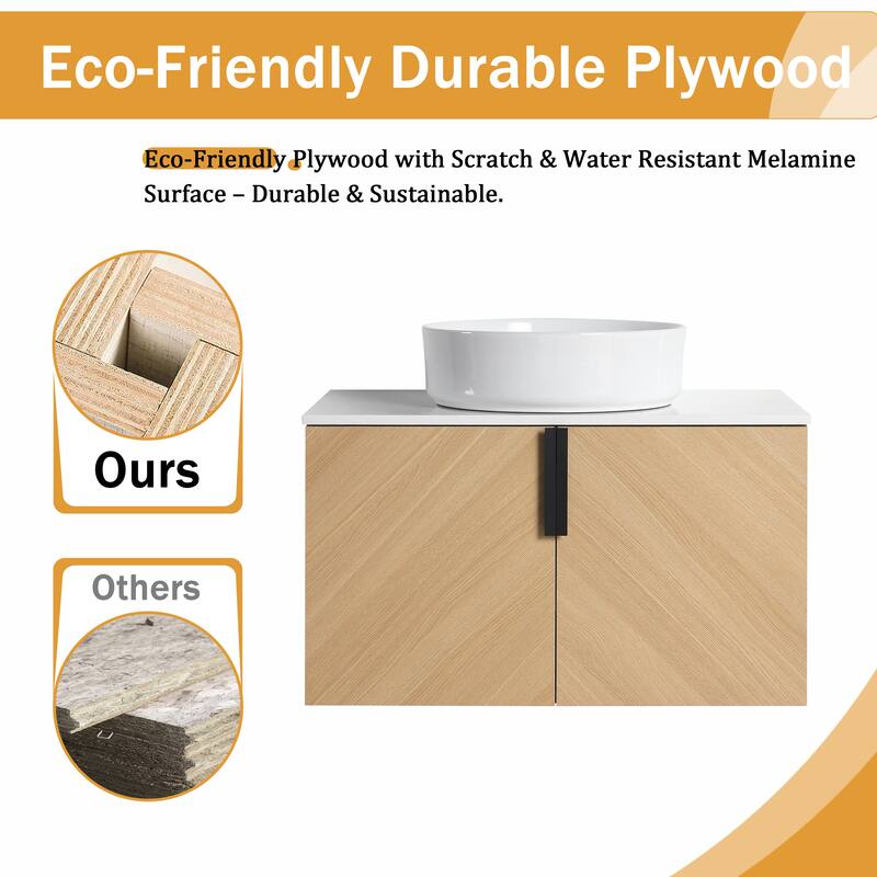 Malwee 30"/36" Floating Bathroom Vanity, Wall Mounted Bathroom Vanity with Ceramic Sink and Soft Close Door