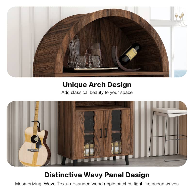 71"Farmhouse Arched Wine Bar Cabinet, Arch Cabinets &Coffee Bar, Whiskey Station With Wine Rack And Wine Glass Holder