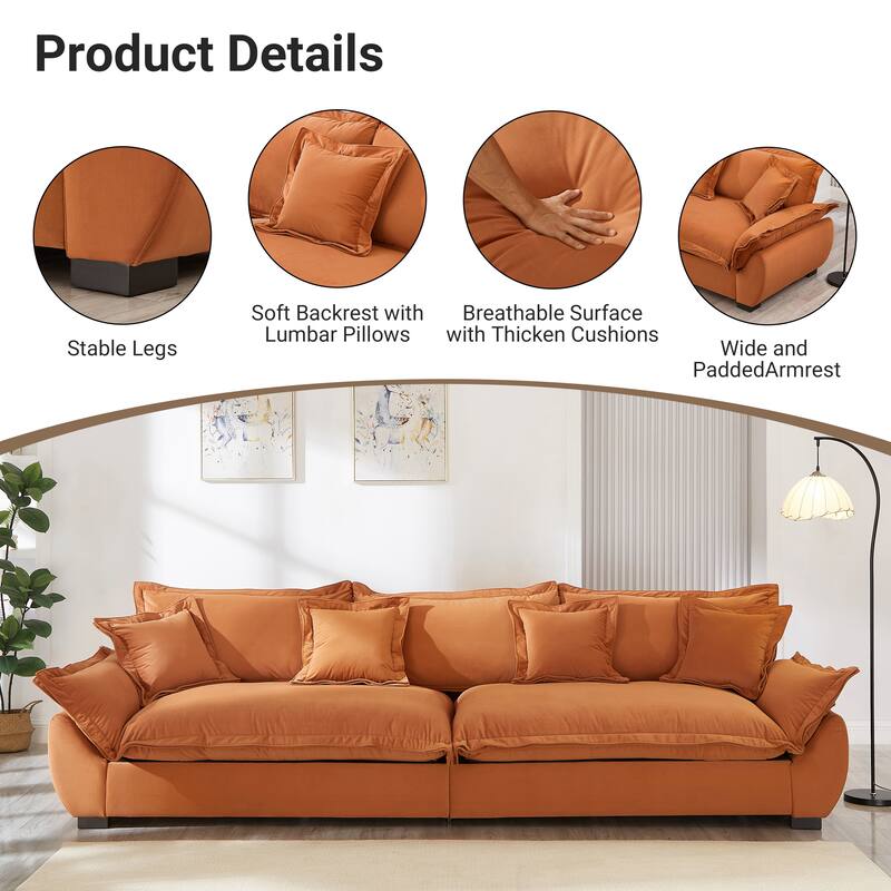 Modular Spacious Deep Seating Velvet Sofa with Storage, Removable Cushion Covers, Pillow Top Arms, Solid Wood Frame and Pillows