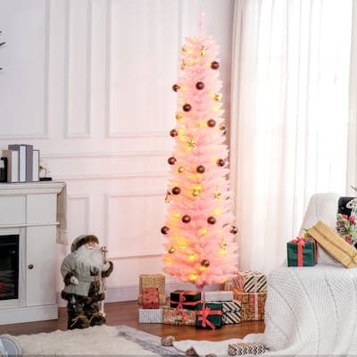 6 ft Pink LED Pencil Christmas Tree Indoor Pre-Lit Multicolor Lights 360 Tips Flame Retardant Sturdy Base