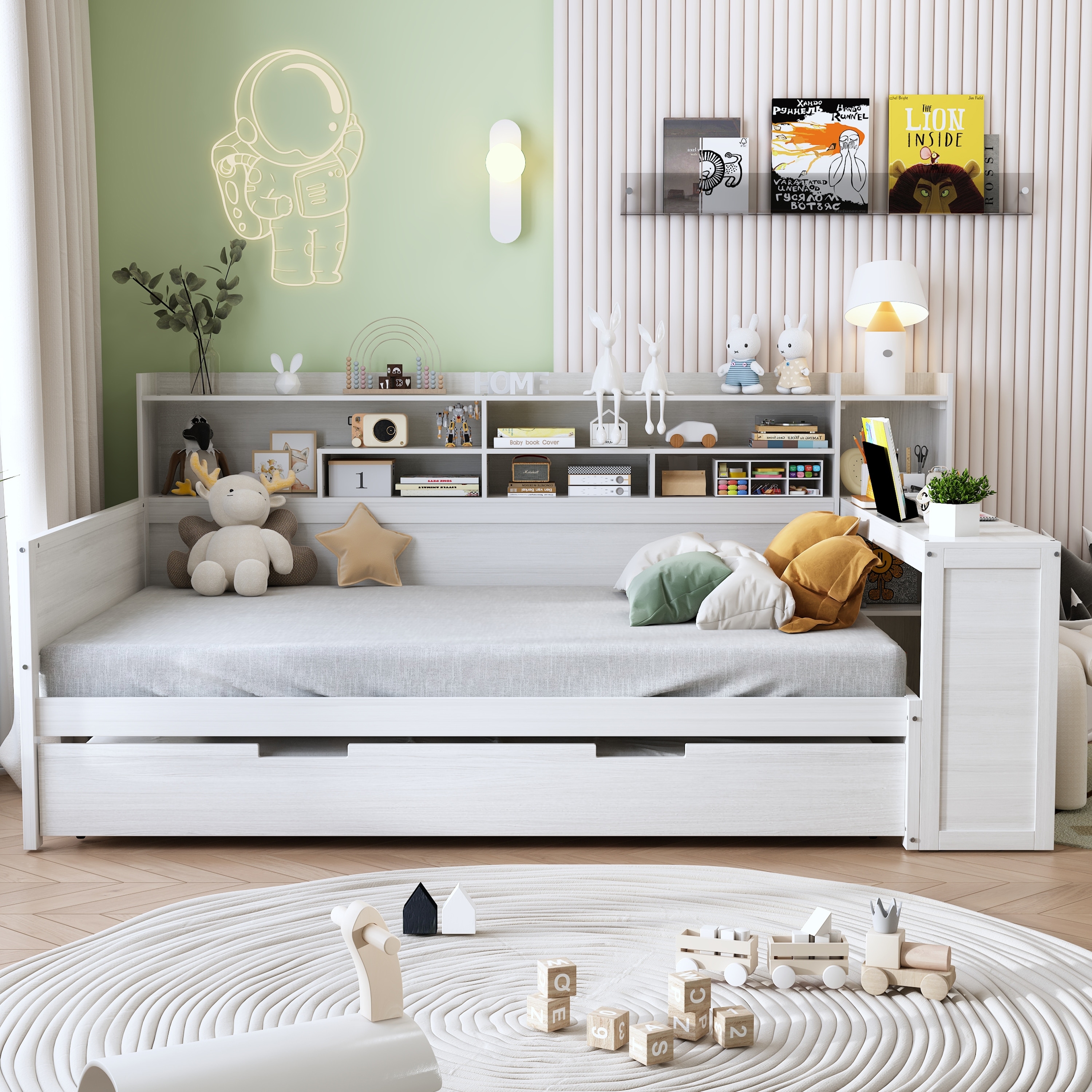 Full Wooden Daybed with Storage Shelves