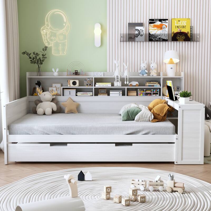 Wooden Twin/Full Size Daybed with Trundle Bed, Multi-functional Corner Platform Sofa Bed Frame with Storage Headboard and Desk - Antique White - Full