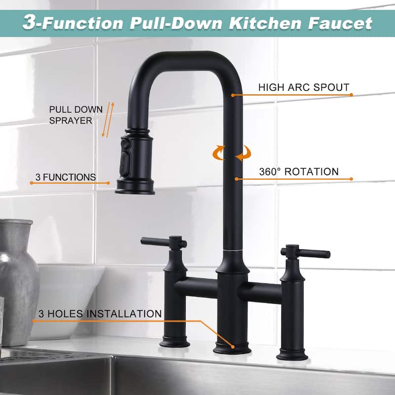 WOWOW Double Handle Bridge Kitchen Faucet with Advanced Spray