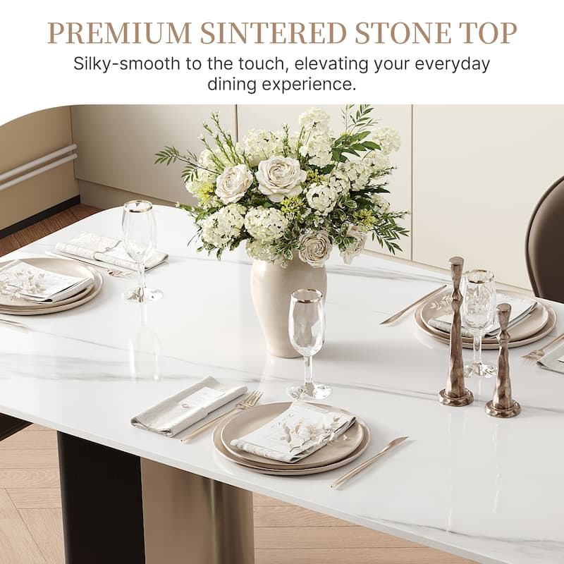 63" Modern Rectangular Dining Table for 4, White Glossy Sintered Stone Table Top,with double Stainless Steel Legs