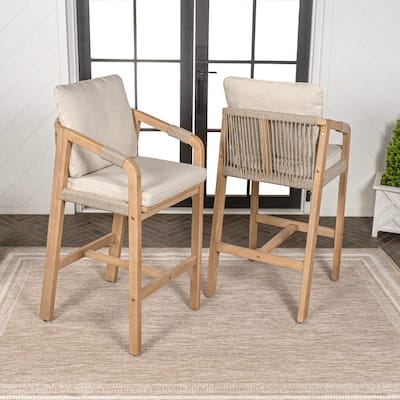 Annecy Modern Coastal Tub Roped Acacia Wood Outdoor Bar Stool with Cushions and Armrests, (Set of 2) by JONATHAN Y