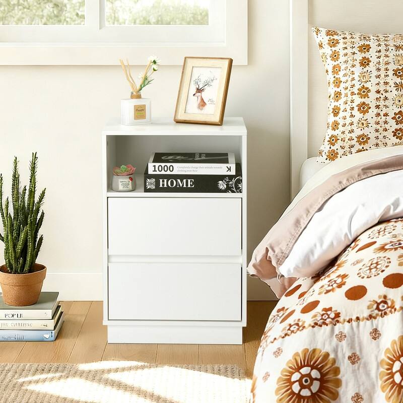 15.7" White Nightstand, P2 Particleboard, Matte Melamine, Beveled Drawer, 2 Drawers